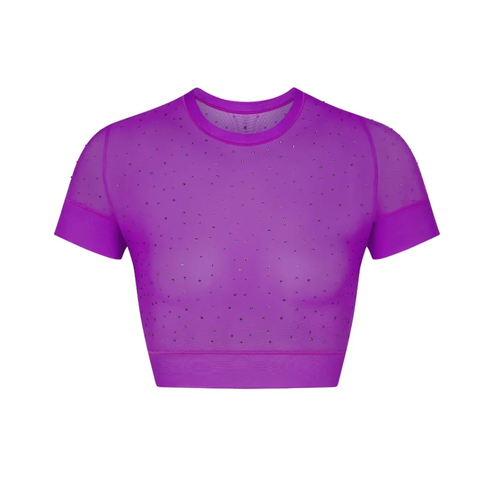 NWT SKIMS MESH RHINESTONE COVER UP T-SHIRT IN VIOLET